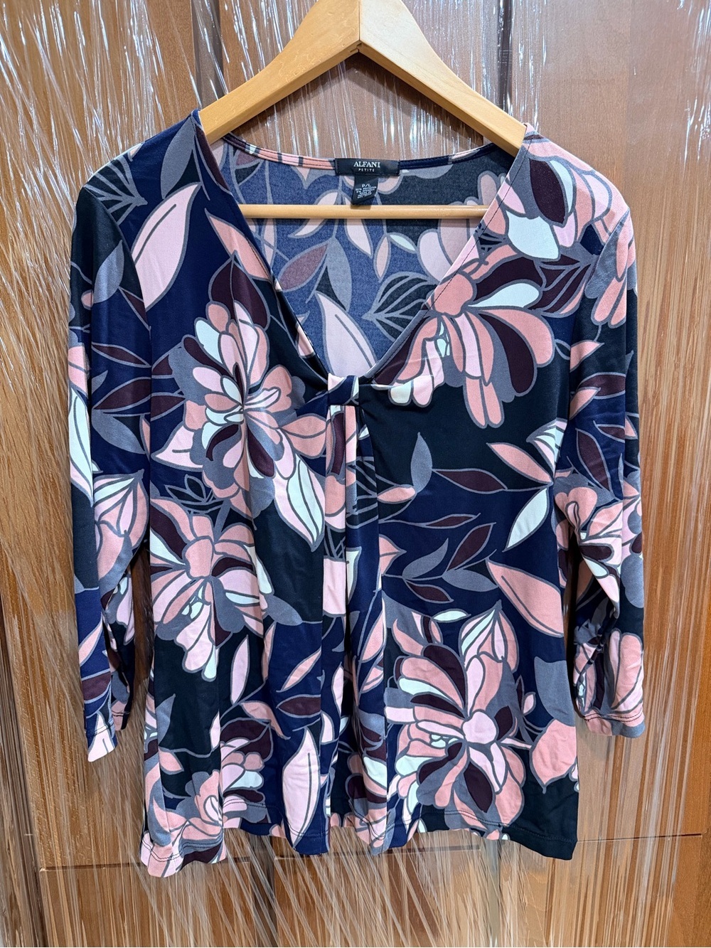 Alfani Petite black Floral Tie-Front Blouse with Pink Accents